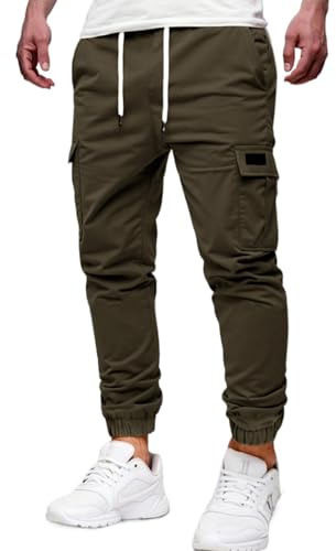 WINKEEY Pantaloni Cargo Uomo Slim Fit Pantaloni da Lavoro Sportivi con Tasche a Patto Chiusura Elastica con Cordino per Tempo Libero e Outdoor,Verde Militare XL