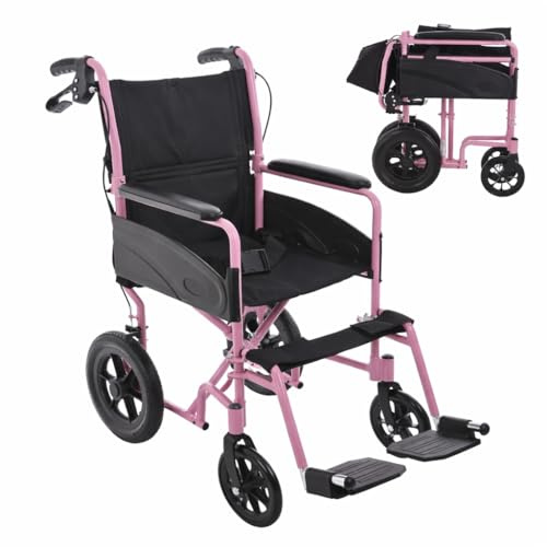 Lightweight Aluminium Folding Transit Compact Travel Wheelchair Net Carry Weight Only 9.5kg, Seatbelt, Attendant Brakes, Adjustable Footrests (Pink, Standard)