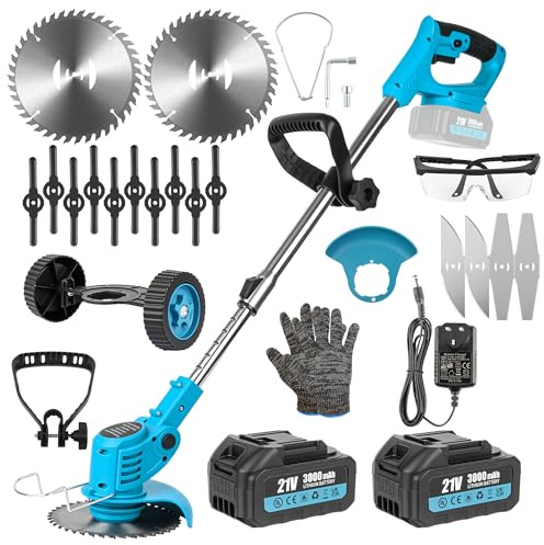 Akku Rasentrimmer 850W, Elektro Akku Rasentrimmer kabellos mit 2×21V 3000mAh Akku, 18.000 U/min Electric Strimmer, mit Metall- & Kunststoffklingen (Rasentrimmer+Rad)
