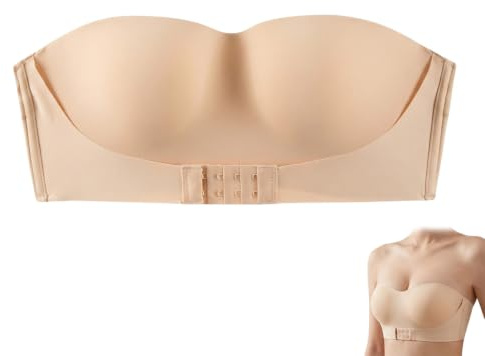 Sujetador Push Up sin Aros AB, Bra Bandeau Antideslizante con Cierre Frontal, Color Piel, Tirantes Desmontables, para Vestidos Espalda Descubierta, Boda & Fiesta