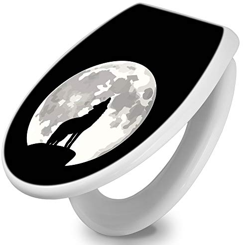 banjado Toilettendeckel mit Absenkautomatik 44,5x37cm / WC Brille Soft Close/hygienischer Toilettendeckel/Klodeckel Duroplast Edelstahl Scharniere einfache Montage/Motiv Heulender Wolf SW