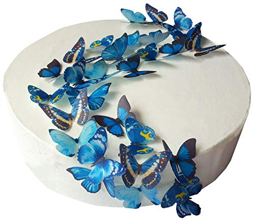 Anglesit 48 X PRE-CUT BEAUTIFUL SMALL BLUE BUTTERFLIES EDIBLE RICE/WAFER PAPER PRE CUT CUPCAKE CAKE DESSERT TOPPERS BIRTHDAY PARTY WEDDING BABY SHOWER DECORATIONS (Small)