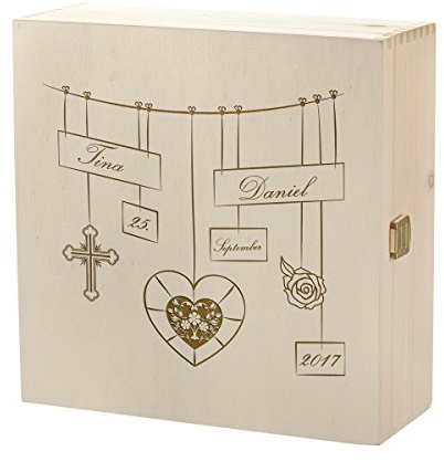 polar-effekt Aufbewahrungsbox mit Gravur - Große Holzkiste mit Deckel Natur 27x27cm - als Geschenk für Brautpaar zur Hochzeit oder Trauung - Holzbox Erinnerungsbox - Motiv Hochzeitswäscheleine
