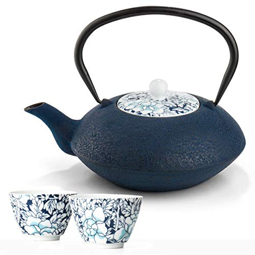 Bredemeijer Teekanne asiatisch Gusseisen Set blau 1.2 Liter mit Edelstahl Tee-Filter Sieb-Einsatz für losen Tee mit Teebecher (2 Tassen) Porzellan