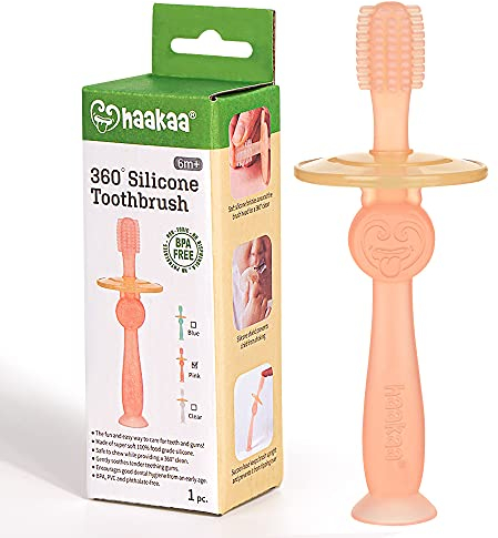 haakaa 360° Baby Zahnbürste mit Saugfuß - Sanfte Reinigung für Säuglings-Selbstbürstentraining, Lebensmittelechtes Silikon, Einstellbarer Sicherheitsschild - Rosa (1 Stück)