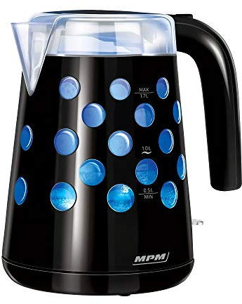 MPM MCZ-86/C Elektrischer Wasserkocher 1,7 Liter, BPA-freier Kunststoffbehälter, Kabellos, Abschaltautomatik, Beleuchteter Innenraum, Schwarz, 2200W