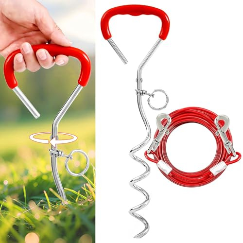 Dog Tie Out Stake and Run Cable, 20FT Long Lead with Yard Stake, Chains for Outside, Leash and Stake for Camping & Beach, Tie Out Tether for Medium Large Dogs