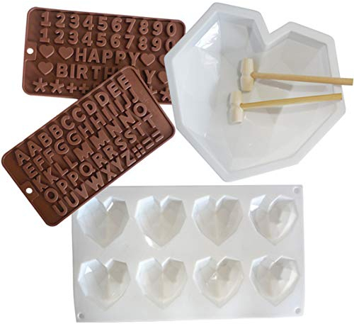 Set di stampi in silicone per cioccolatini antiaderenti, vassoio con stampi a forma di cuore a forma di diamante, martelli in legno, vassoi per stampi con numero di lettere