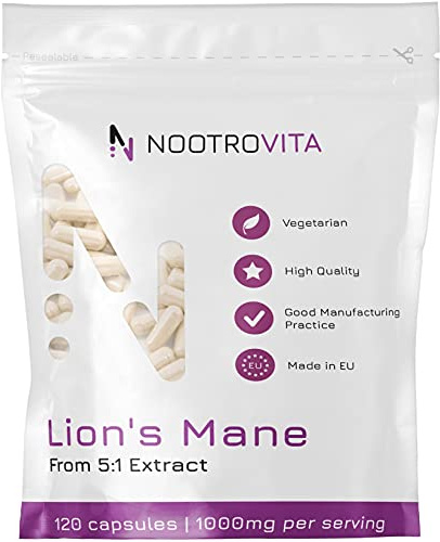 Lions Mane Mushroom - 120 Kapseln - 2 Monate! | Dual Extrakt 1000mg (Entspricht 5.000mg Löwenmähne Pilz) | Heilpilz Hericium Erinaceus | Vegan, Keine Künstlichen Füllstoffe | Nootrovita