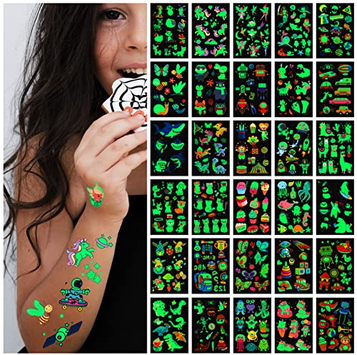Awinmay 400 tatuaggi luminosi per bambini, stili misti, tatuaggi temporanei che si illuminano al buio per ragazzi e ragazze, tatuaggi finti sirena, dinosauro, farfalla o altri regali per il trucco per