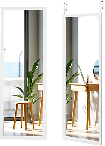 COSTWAY Miroir Porte 2 en 1, 37 x 120 cm, 2 Crochets pour Porte, Grand Miroir Mural, Cadre en Bois, Film Antidéflagrant, Miroir Mural Rectangulaire pour Salon, Chambre, Entrée, Blanc