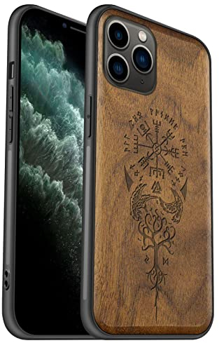 Carveit Coque pour iPhone 11 Pro Etui [Élégant Noyer] [Pare-Chocs en TPU Souple] Étui de téléphone Antichoc Compatible avec Apple 11 Pro Coques en Bois (Viking Compas)