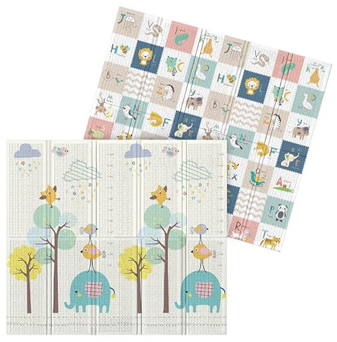 UBABY - Alfombra de Juegos Bebés Reversible - Acolchada y Plegable - Colchoneta Gimnasio Actividades - Alfombra Infantil - Antideslizante, Impermeable, Elefante + Letras - Medidas: 200x180x1cm