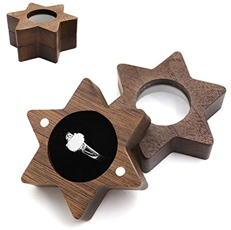 Caja de Anillos de Madera de Nogal Interior Suave de Terciopelo Pendientes Joyas Caja de Presentación de Madera Estuche para la Ceremonia de Boda de la Propuesta de Compromiso (Hexagonal-Ventana)