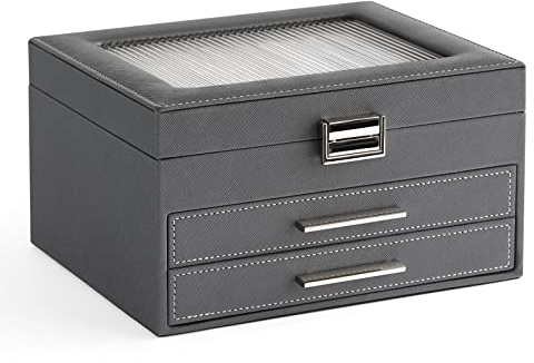 Meerveil Schmuckkasten, Kleine 3-Stöckige Schmuckschatulle, Halskettenplatte, Oberes Schaufenster, Mehrere Aufbewahrungsfächer, Armband-Organizer, PU-Leder Grau