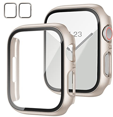 JZK 2 Stück Gehäuse mit Displayschutzfolie für Apple Watch Series 9, 8, 7 45mm, Slim Guard Bumper Full Coverage Hard PC Protective Cover Thin Case für iWatch 45mm Zubehör, Starlight
