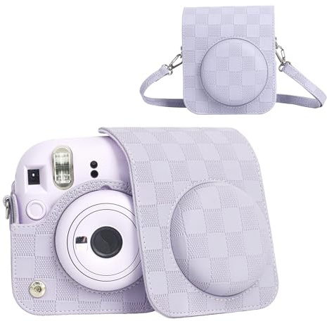 HIYQIN Camera Case Compatible with Fujifilm Instax Mini 12 Instant Camera, Checkerboard Style Camera Carry Bag for Instax Mini 12 with Strap - Lilac Purple