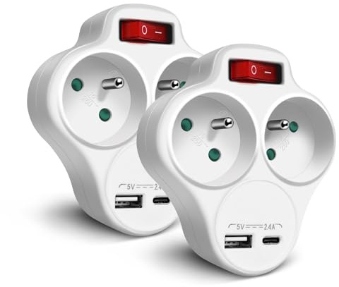 EXTRASTAR Adapteur Fiche Multiprise Biplite avec Interrupteur pour façade, 2 Prise 16A, 1 USB 1 Type C 5V 2.4A, Blanc – Lot de 2