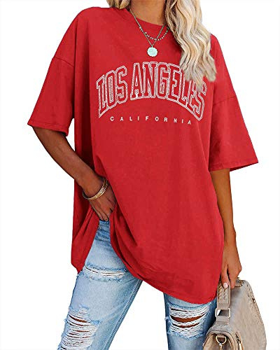 Ebifin Dam oversized T-shirt vintage stil kortärmad rund hals Los Angeles topp ledig lös basic sommartoppar toppar toppar, Röd röd, L