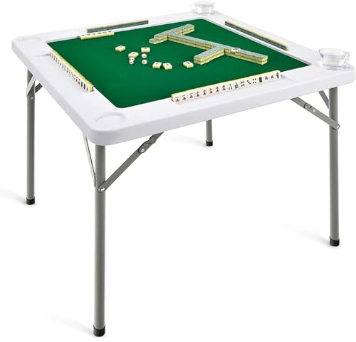 NGARY 35 Zoll Klappbarer Mahjong-Tisch, Quadratischer Kartenspieltisch Für 4 Spieler Mit Grüner PVC-Tischplatte, 4 Getränkehaltern Und Längeren Chip-Rillen, 200 Kg Tragkraft, Für Poker-Domino-Puzzle