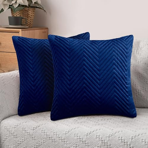 Hafaa Cushions with Covers Included 45 x 45 Cm Set of 4 (2 Navy Cushion Covers, 2 Cushion Inserts) - Ultrasonic Velvet Square Throw Pillow Case Decorative Sofa Cushion with Invisible Zipper