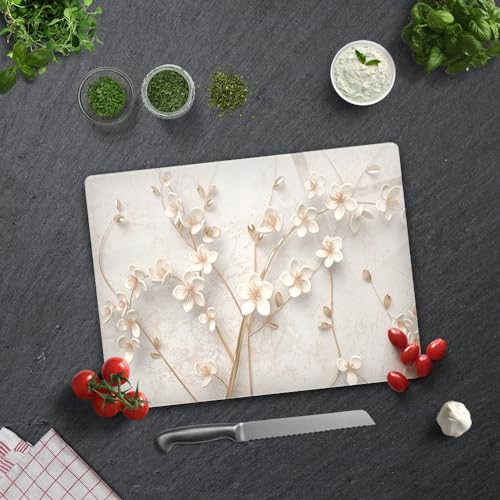 Tempered Glass Cutting Board for Kitchen, Rectangle with Rubber Feet, Heat Resistant, Non-Slip | 30cm x 40cm | (White Flower - Gold)