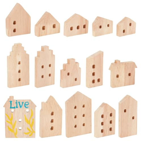 OLYCRAFT 15Pcs Wooden House Blocks Unfinished Blocks with Hole for Decor | Wood Build, 15 Unique House Shapes with Holes, Unfinished Blank, for Home Painting Dyeing Decor Shelf Displays DIY Crafts