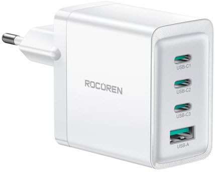 Rocoren USB C 67W para MacBook Pro 13/14/ 15/16, MacBook Air 2020/2019/ 2018, 4 Puertos Carga rápida 65W, PD3.0 QC4.0 PPS Compatible con iPad, iPhone, Samsung Galaxy S24, Huawei, Steam Deck