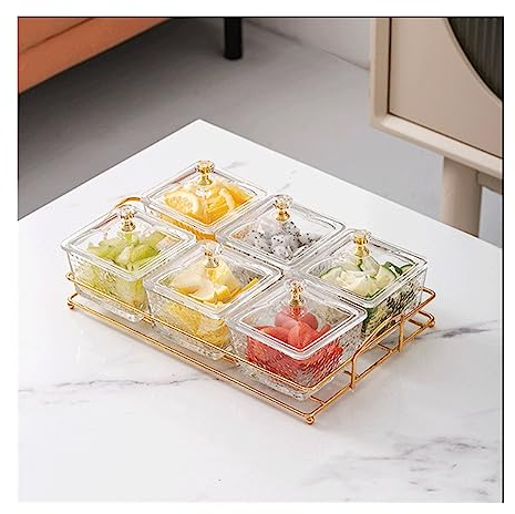 GLigeT Dipschalen Glasschüssel mit Deckel, Metalltablett, 3 abnehmbare Glas-Dip-Schalen, Glas-Dip-Servierschalen mit Deckel for Gewürze, Beilagen, Desserts, Salsa Saucenschalen(C)