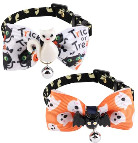 2stk Halloween Haustier Halsband, Süßes Hundehalsband mit Fliege Katzenhalsband mit Glocke Hundehalsband mit Schleife Kätzchenhalsband für Katzen und Hunde(Fledermaus und Weiße Katze)