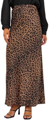 RSBFK Women's Leopard Skirt Midi Length High Waist Silk Satin Elasticized Cheetah Skirts Brown L