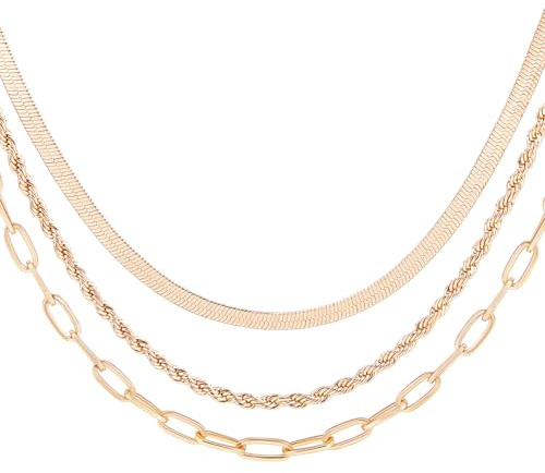 Beebeecraft 1 Box 3 Stile Mehrreihige Goldketten Echte 14 Karat Vergoldete Stapelbare Büroklammerkette Choker Fischgrätenhalsketten Schlangenkettenstapel Verstellbares Schmuck Schichthalskettenset als