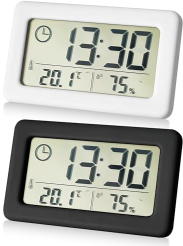 WIYETY Lot de 2 thermomètres-hygromètres électroniques : petite horloge avec température et humidité ℃/℉, réveil numérique avec aspiration magnétique, à suspendre et à poser, pour la maison, les