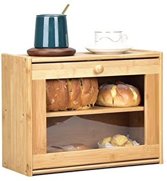 Panera de bambú con dos capas de gran capacidad para almacenamiento de pan para cocina y papelería de escritorio, contenedor multifuncional de almacenamiento de alimentos, 40 x 17 x 30,5 cm