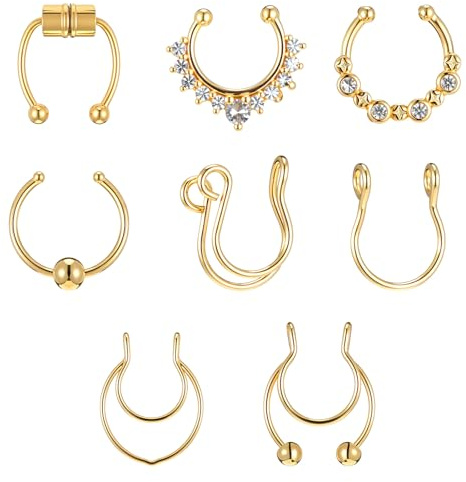 Telooco 8 Stück Hufeisenringe Chirurgenstahl Magnet Septum Piercing 20G Fake Septum Nasenringe Gold Nostril Piercings Edelstahl Clip-On Nasenringe Hufeisen Piercing Unisex Piercingschmuck (Gold)