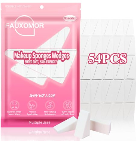 Fauxomor 54 Pcs New Makeup Sponge Wedge, Latex-Free Triangle Make Up Sponges for All Skin Types, Beauty Blender Sponge for Liquid Foundation, Powder, Cream,and Travel