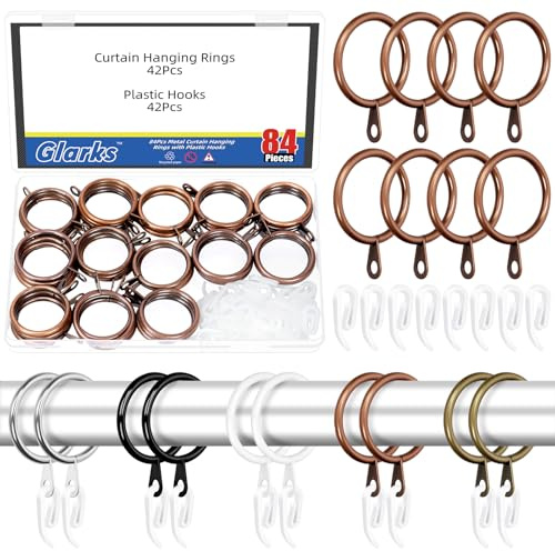Glarks 42 Sets 30mm/1.2Inch Coppery red Metal Drapery Curtain Hanging Rings Set, Includes 42pcs Curtain Rings and 42pcs White Plastic Curtains Hook, Drape Sliding Eyelet Rings