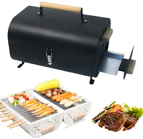 Barrel Smoker Grill, Portable Charcoal Grill with Pull-out Carbon Drawer, Double Sided Oil Drum Barbecue for Outdoor Picnic Festivals Camping Party black