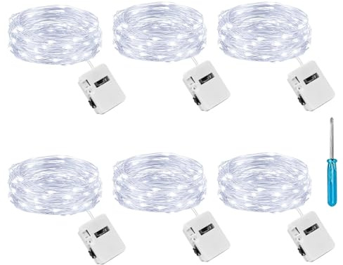 litogo 6 Pezzi Stringa Luci LED a Batteria con 3 Modalità, 2M 20 LED Lucine Decorative a Batteria, Filo di Rame Mini Led a Pila Impermeabile per Interno Esterno Natale Matrimono, Bianco Freddo
