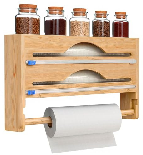4-in-1 Wall Mounted Bamboo Foil & Cling Film Dispenser with Cutter and Kitchen Roll Holder – Wrap Organiser Rack for Foil, Film, Spices & Paper Towels (Natural)
