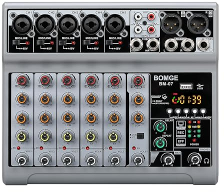 BOMGE Audio Mixer, Soundboard Mischkonsole mit 7-K Digital USB Bluetooth Echo Delay Effekt, 48V Phantomspeisung Stereo DJ Mixers für Aufnahme, Live-Streaming, Podcasting