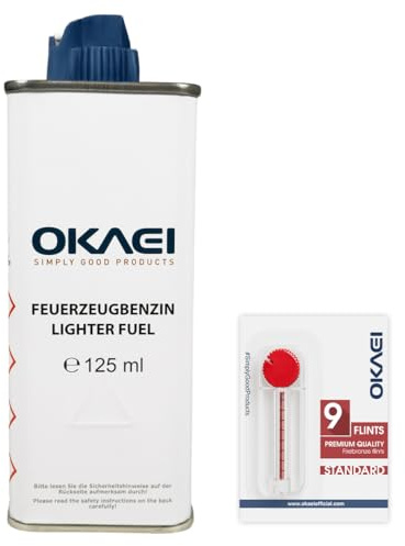 OKAEI Feuerzeugbenzin Set 125 ml + 9 Feuersteine – Hochreines Benzin für Feuerzeuge & Stabfeuerzeuge – Universelle Feuerzeugflints – Saubere Verbrennung, Schnelles Zünden, Geringer Geruch – Made in EU
