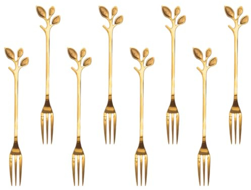 Homoyoyo 8 Fourchettes à Fruits en Acier Inoxydable Doré, Motif Feuille, Lot de 8 Pièces, Cure-fruits Élégantes pour Desserts, Gâteaux et Apéritifs, Usage Domestique et Fêtes