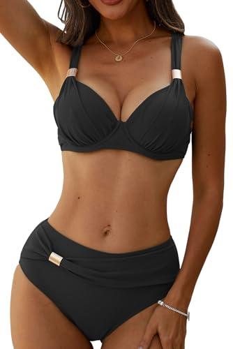 Yutdeng Women Two Piece Bathing Suits Underwire Push Up Bikini Set with Removable Pads High Waisted Swimsuit Vintage Swimwear Tummy Control Swimming Costume
