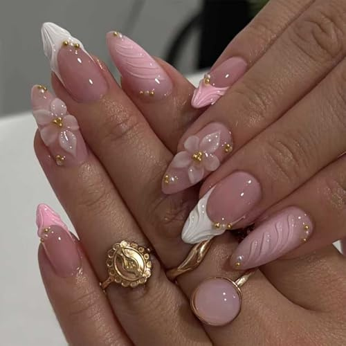French Tip Press On Nails, Stiletto False Nails With Glue, 24Pcs Pink Stick On Nails With 3D Floral & Gold Beads, Medium Long Acrylic Full Coverage Almond Shaped False Nail For Women Party