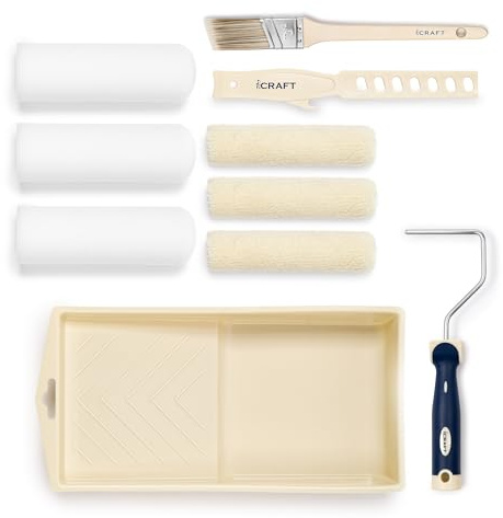 iCRAFT 4 inch Gloss Paint 10-piece Roller Set – Foam & Velour Refills, Tray, Steel Frame, Angled Brush & Stirrer | Mini Roller Kit for Gloss, Lacquer & Enamel on Wood, Metal, Doors & Furniture