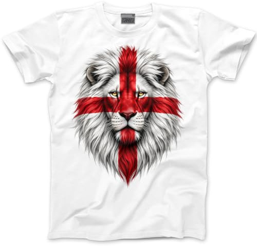 England Football T Shirt – Lion Flag T-Shirt English Footie 3 Lions T-Shirt - Britain British Flag Top Football Patriotic St George's Day Tee - M White