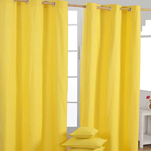 HOMESCAPES Coppia di tende con occhielli, pronte da appendere, colore: giallo, 100% cotone, 137 x 182 cm