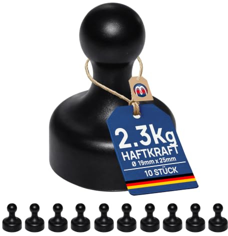 10 x Kegelmagnet Kegel Pinnwand Magnet Neodym Ø 19 x 25mm - SCHWARZ - mit Neodymkern (NdFeB) - hält 2,3 kg – für Magnettafel Magnetpinnwand Kühlschrank Whiteboard Memoboard Magnet Glasboard