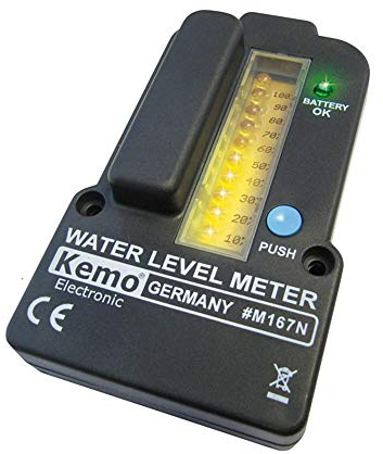 Kemo Indicatore di livello M167N per serbatoi d'acqua a batteria. Misurazione remota fino a 100 metri. Per acqua piovana, camere di depurazione, serbatoi per liquami. Con indicatori LED